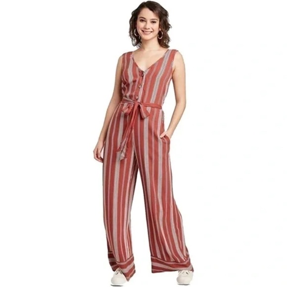 Jumpsuit Cinnamon Striped V Neck Sleeveless Summer Casual Wide Leg, Size XS S - Picture 1 of 9